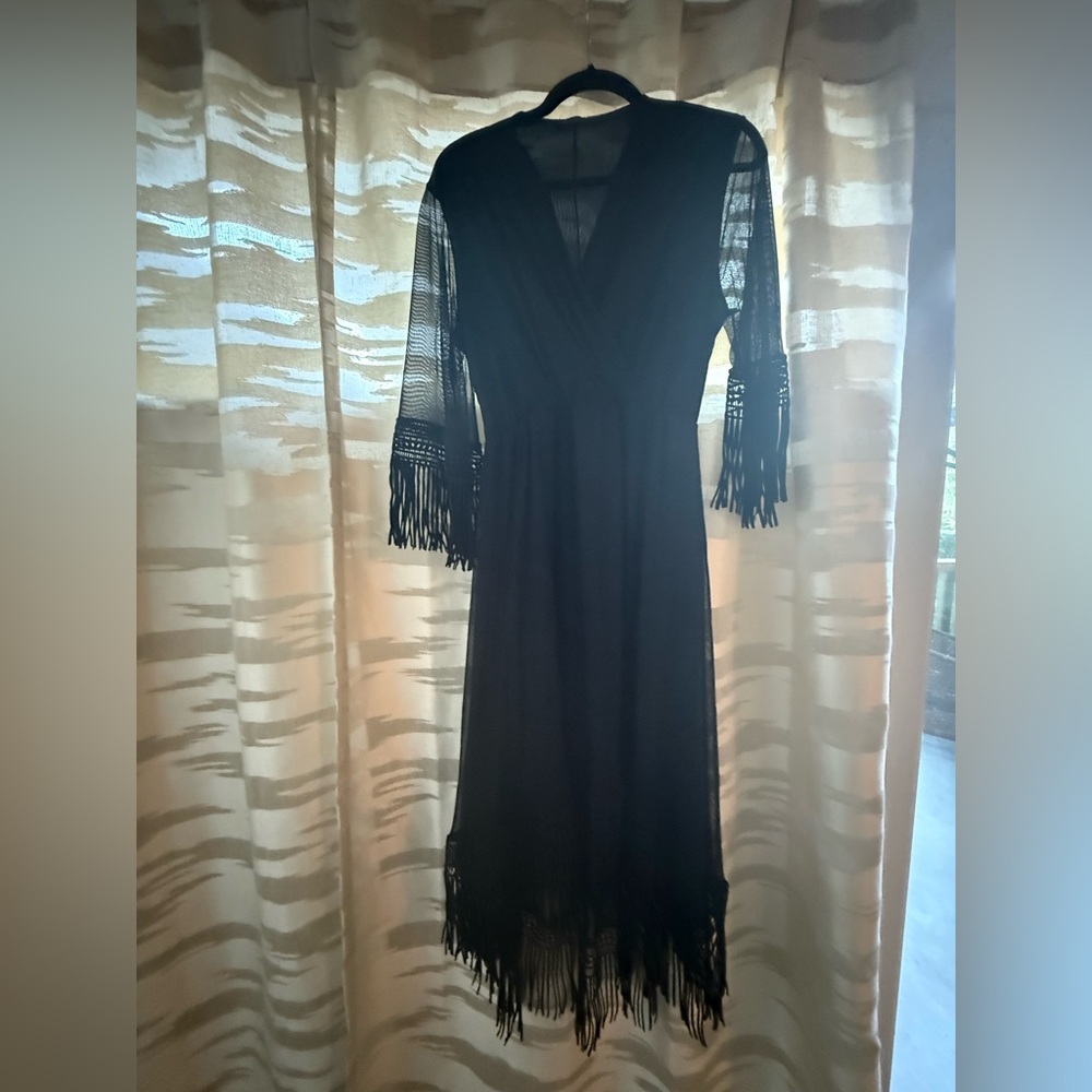 Annabelle Black Long Sleeve Fringe Dress